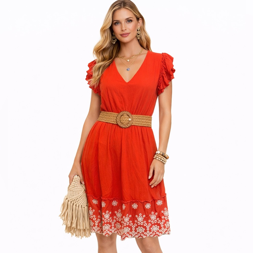 Solitaire Anthropologie bohemian Red & white Embroidered Dress Sz L